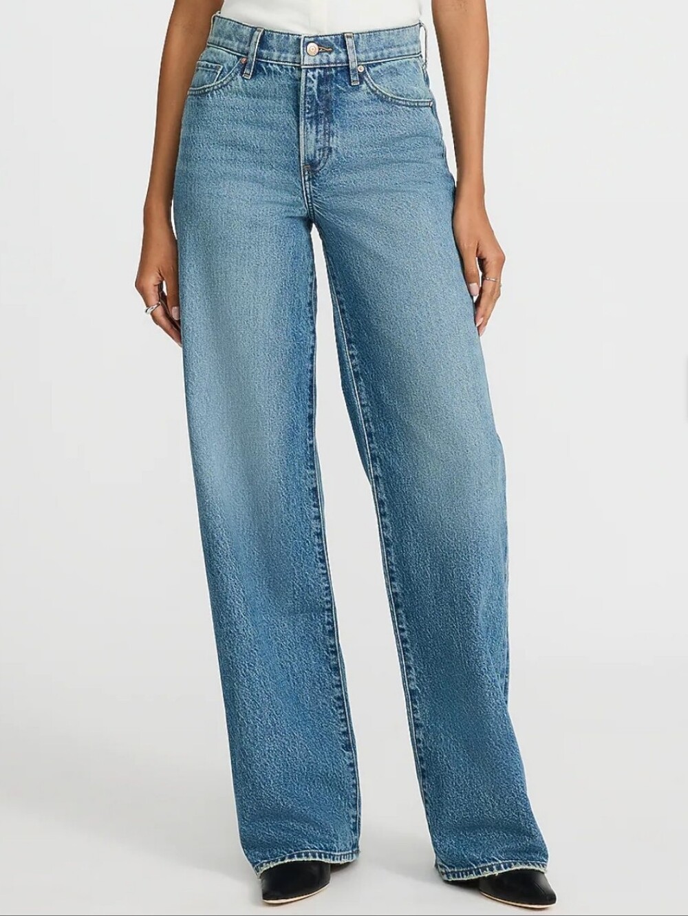 Express • High Waisted 50/50 Rigid Stretch Wide Leg Light Wash Jeans, Size 10